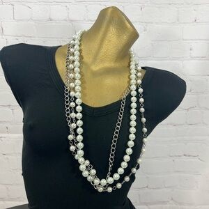 New York & Company Faux Pearls and Silvertone Chain 3 layer statement necklace